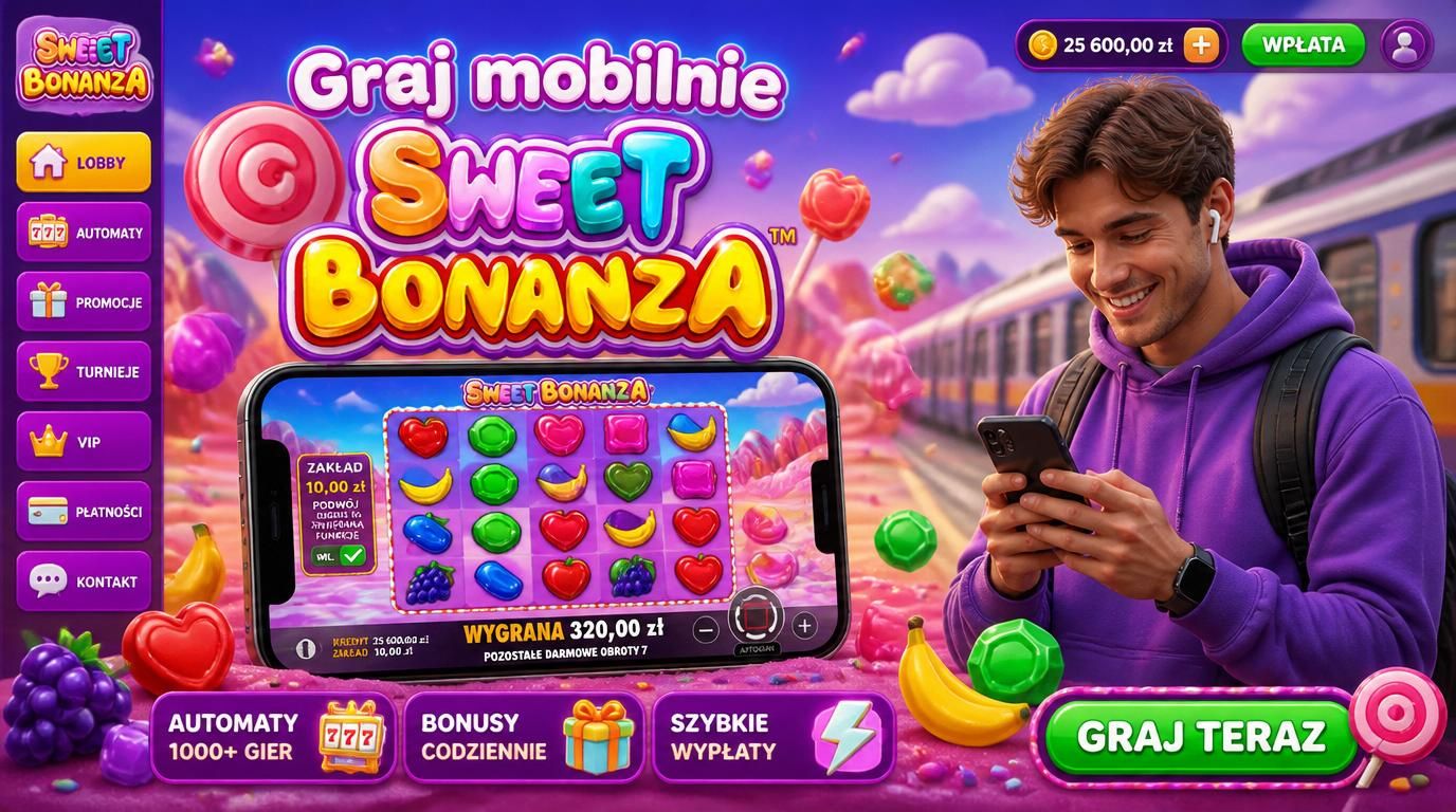 Kolorowy panel gry Sweet Bonanza na smartfonie z żywymi symbolami cukierków