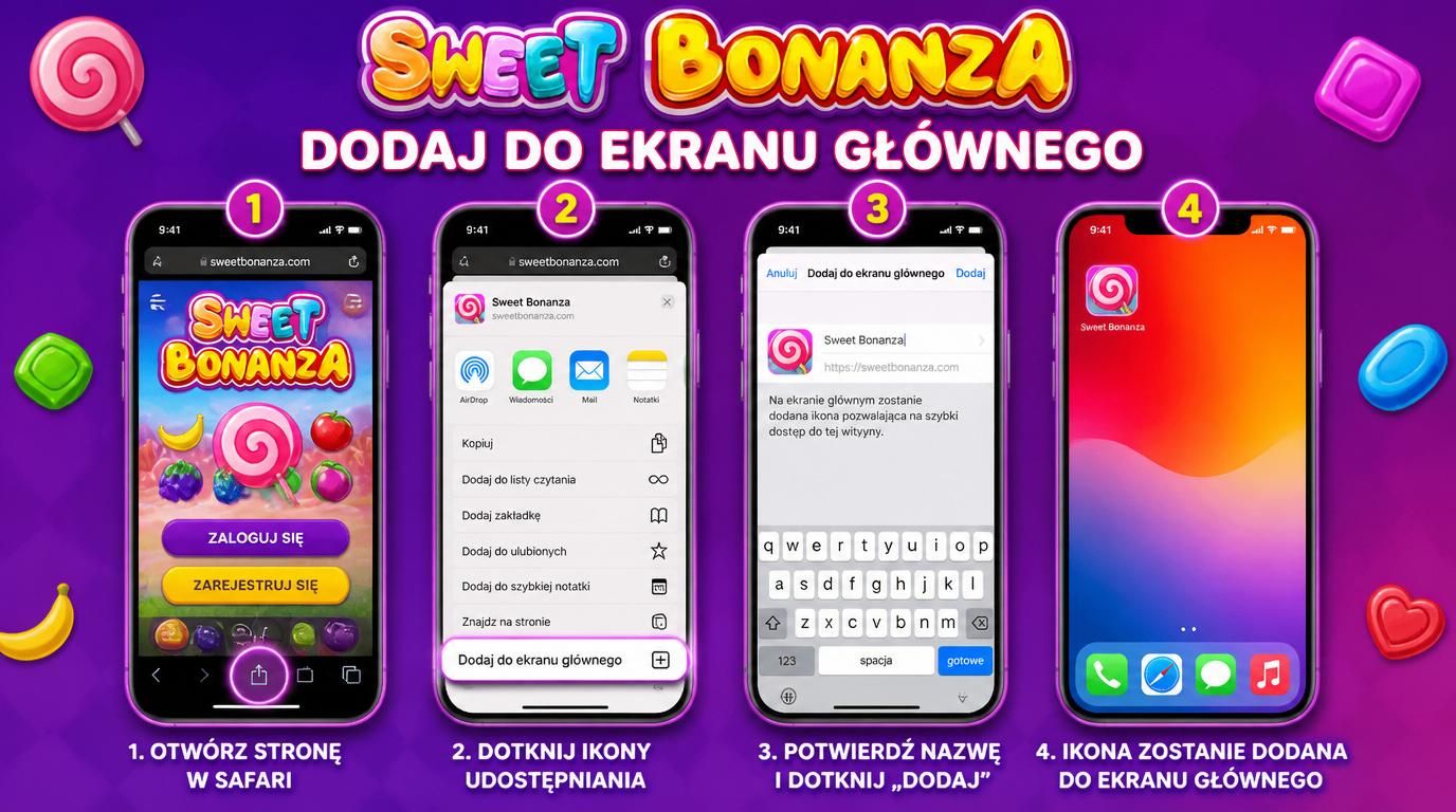 Safari na iPhonie z opcją „Dodaj do ekranu głównego” oraz ikoną Sweet Bonanza