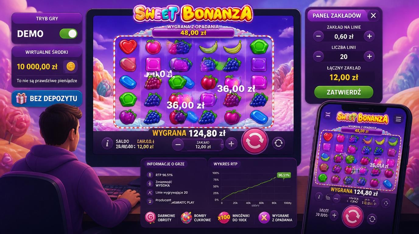 Gracz testujący Sweet Bonanza w trybie demo z tymczasowym saldem ogłoszonym „Demo”