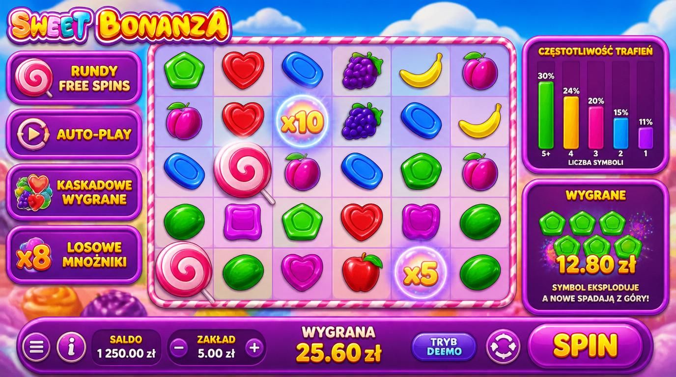 Elementy demo Sweet Bonanza: rundy darmowych spinów, mnożniki, mechanika kaskadowa, autoplay